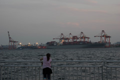 釣りガールと港の風景