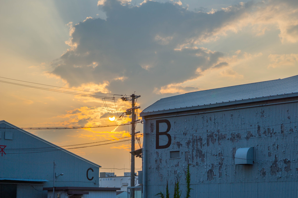 B、C、夕日。