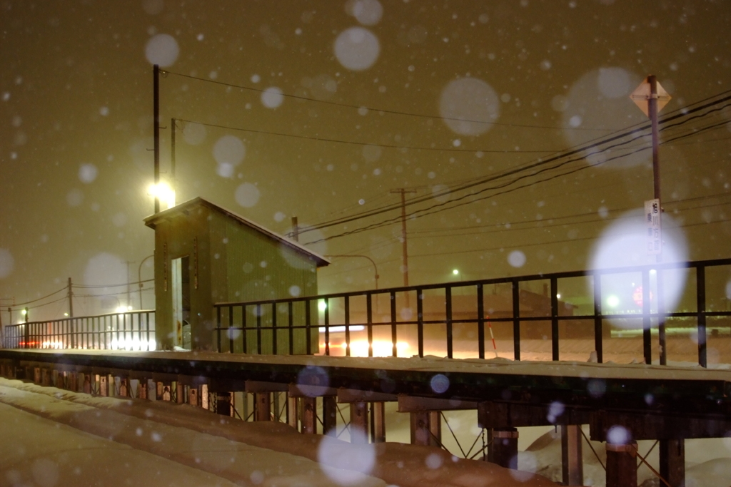 雪の舞う無人駅
