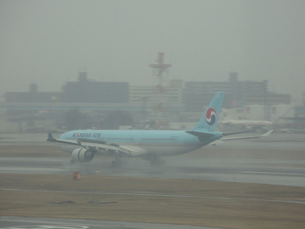 korean A330の着陸＆水しぶき