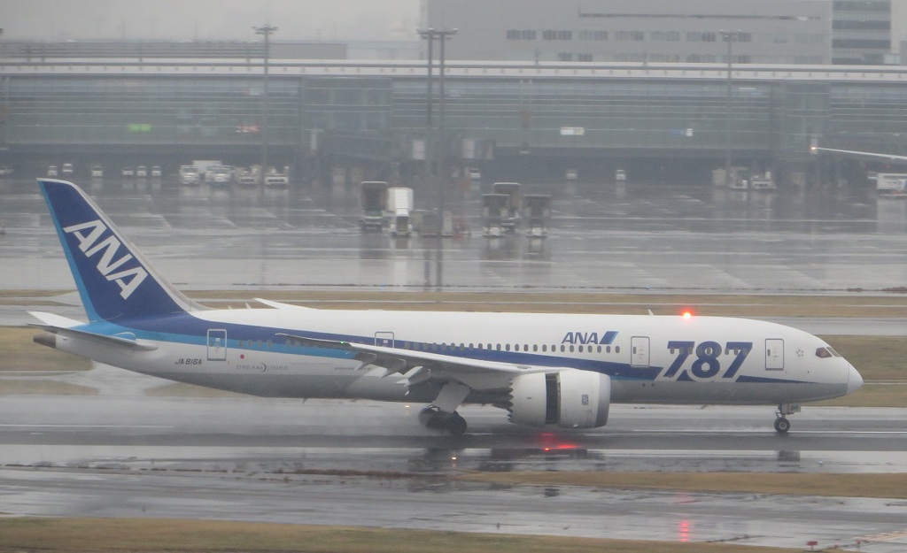 ANA　B787雨の中到着