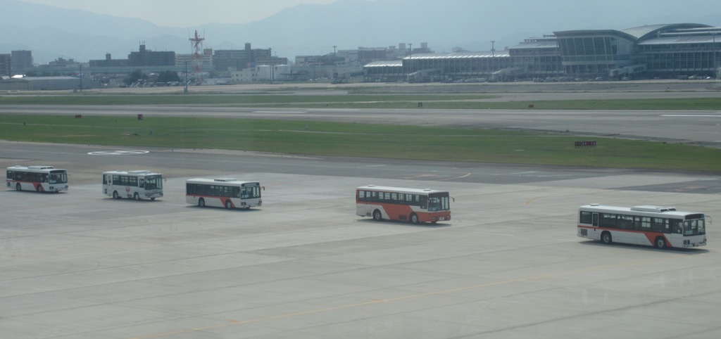 空港の誘導路に並ぶバスの列