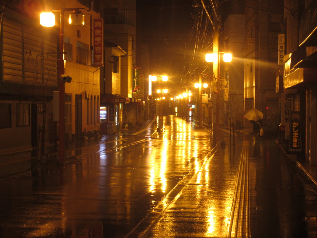 雨で濡れた路面を照らす街灯