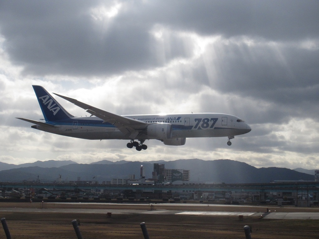 日差しを受け着陸するB787