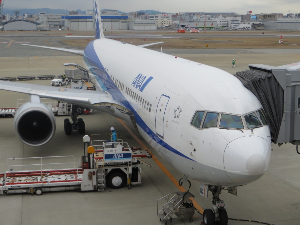 出発準備中の飛行機を目の前から