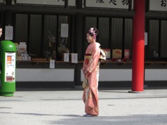 神社で写真撮影をする花嫁さん