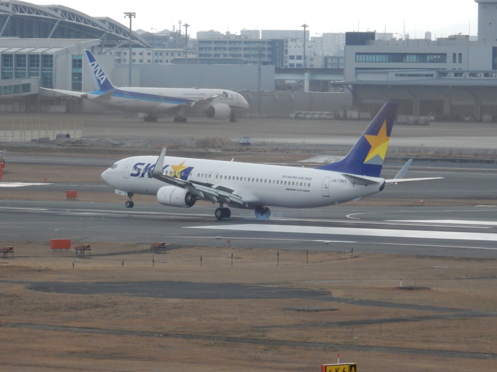 SKYMARK  JA73NYの着陸　福岡空港にて　③