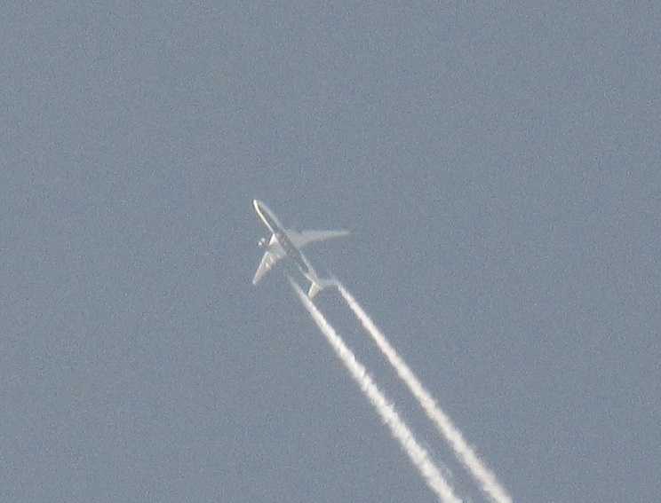 上空を通過する飛行機雲