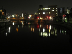 夜の川に反射する光