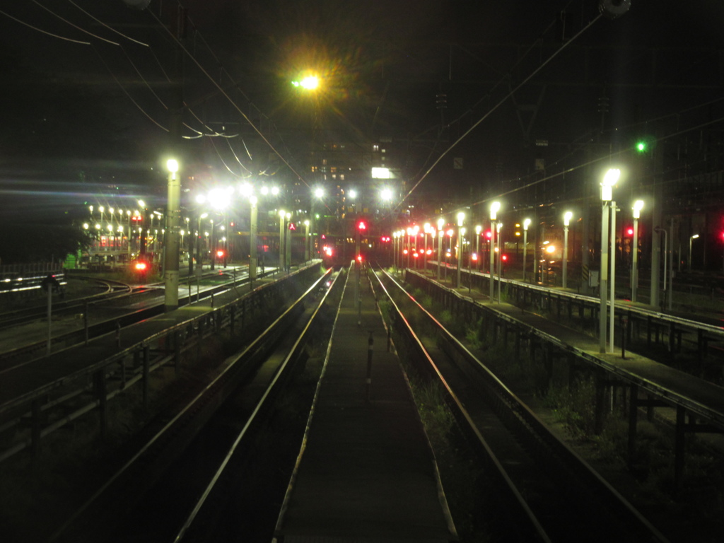 夜の車両基地と信号の明かり