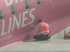 翼の上で作業する係員