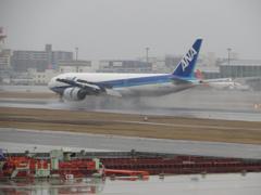 雨の中の着陸