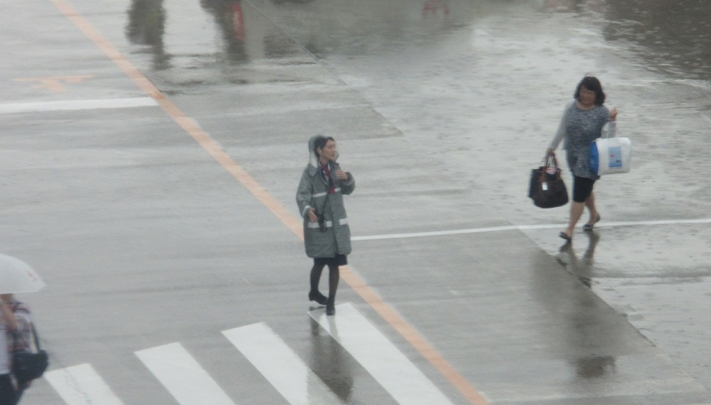 雨の中乗客の案内をする地上スタッフ②
