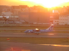 福岡空港にて　夕日と天草エアライン