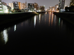 夜の川と外灯の光