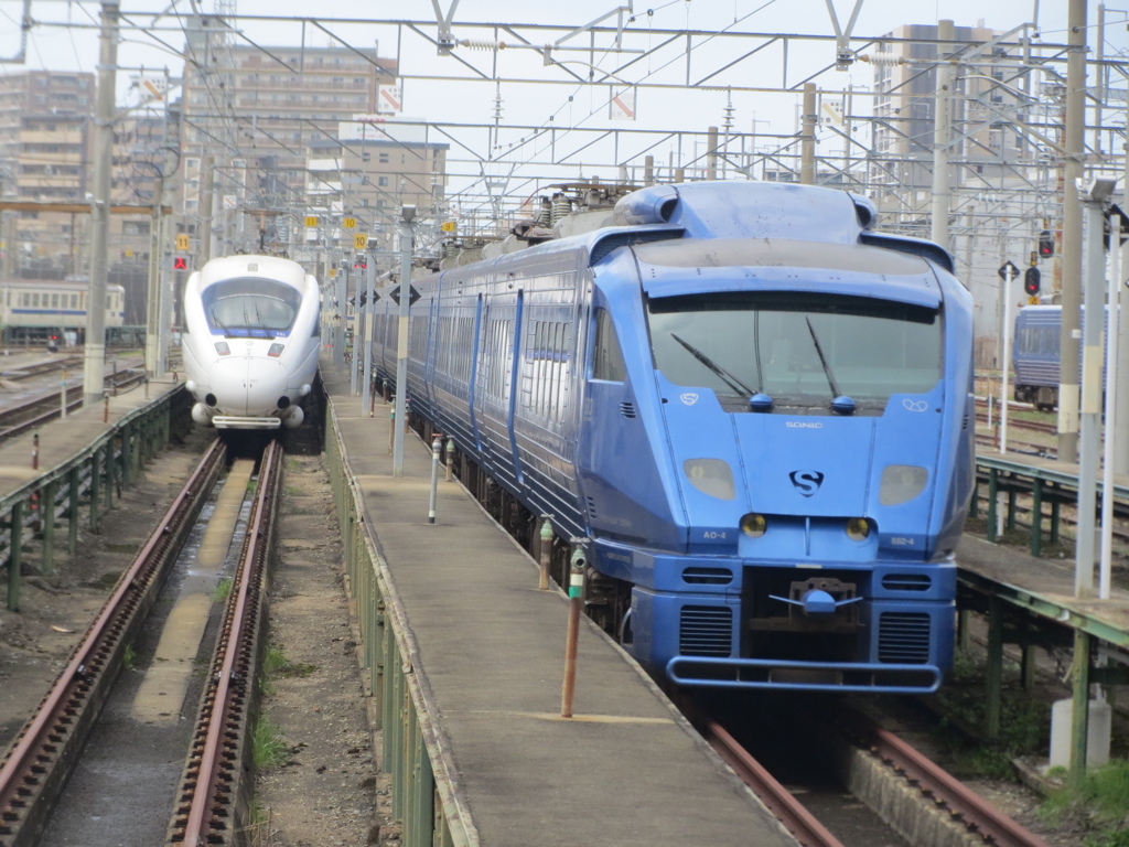 883系と885系の留置　竹下車両基地にて