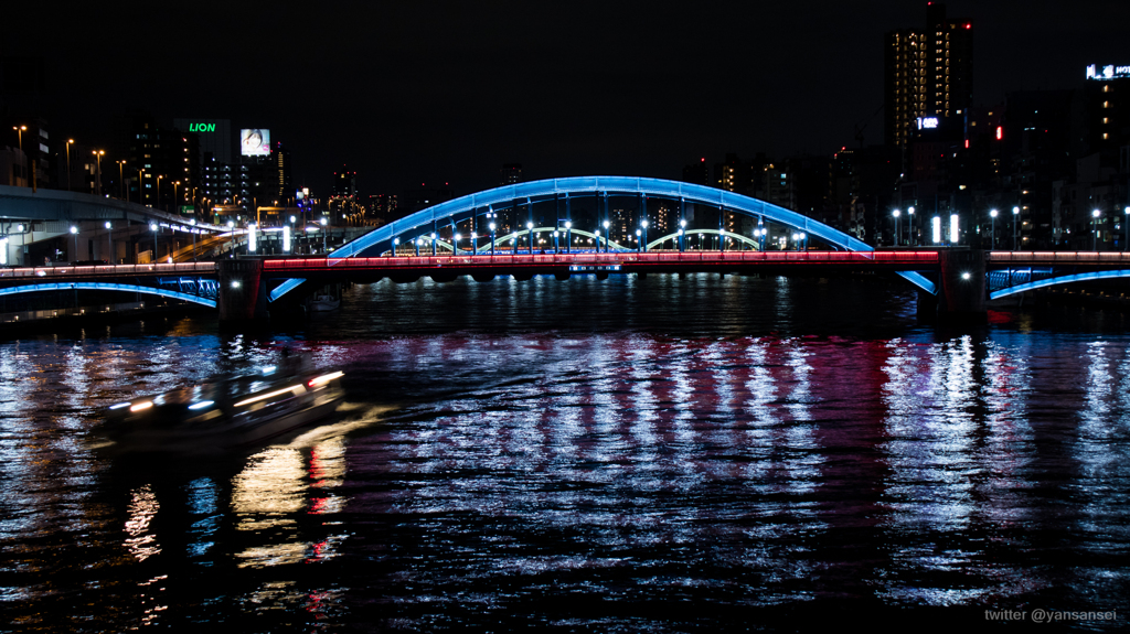 2020年お正月 浅草寺と隅田川の夕景、夜景。