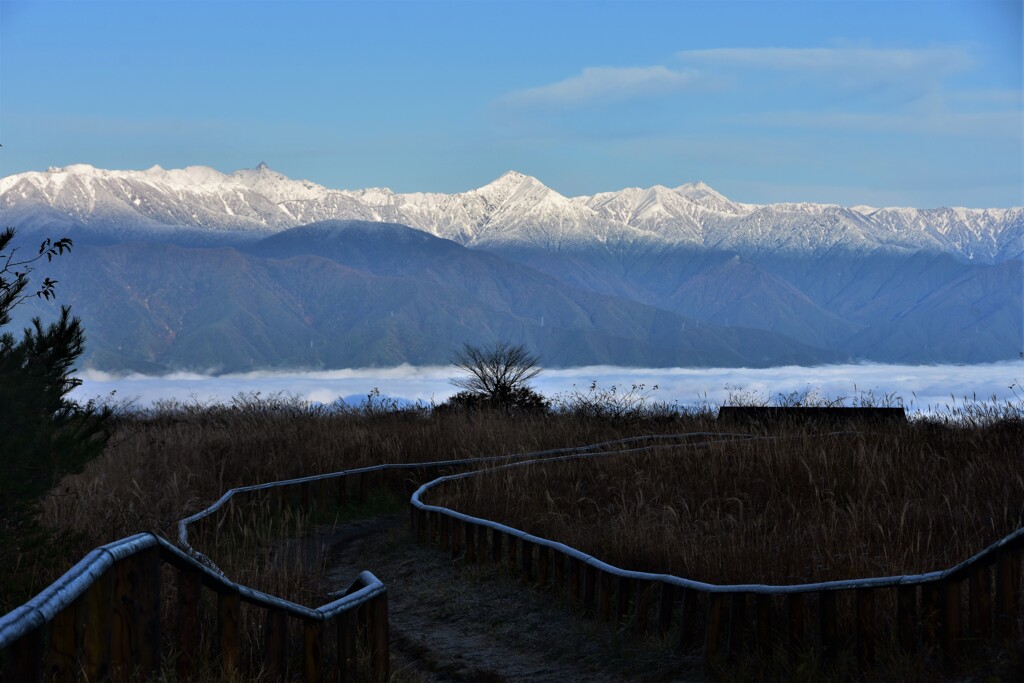 冠雪の北アルプスと雲海