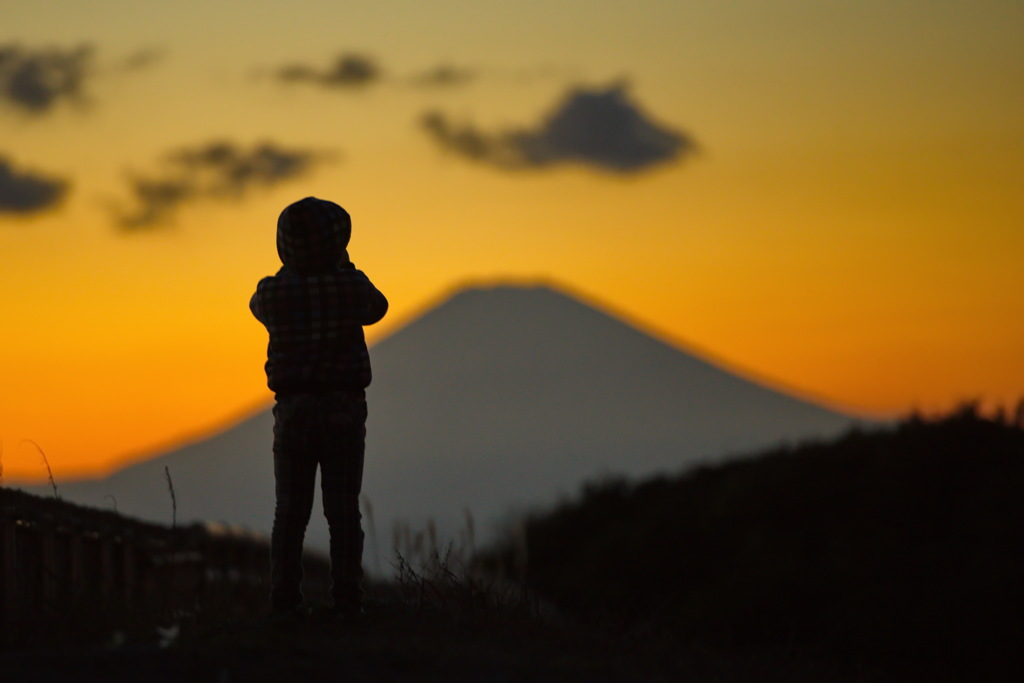 息子と夕焼け富士