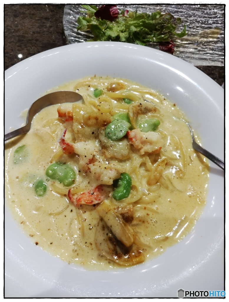 そら豆と海老のカレークリームパスタ