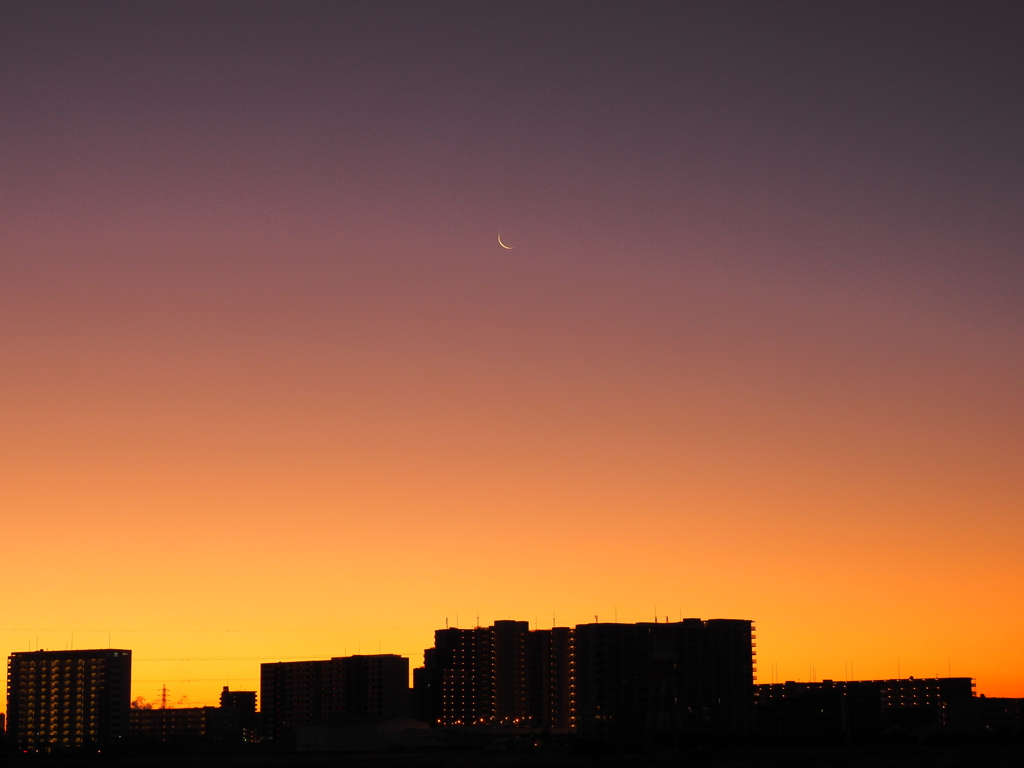 初日の出、夜明け前の月