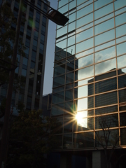 ビルの中の夕日