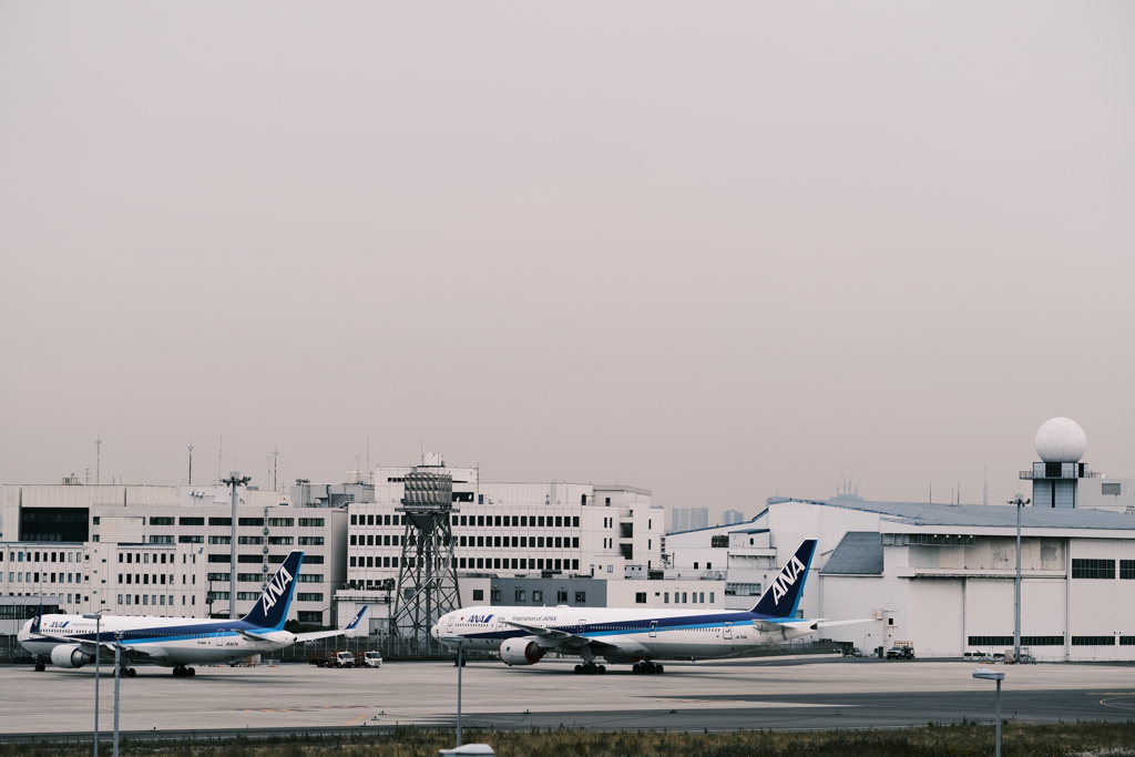 曇り空で飛行機