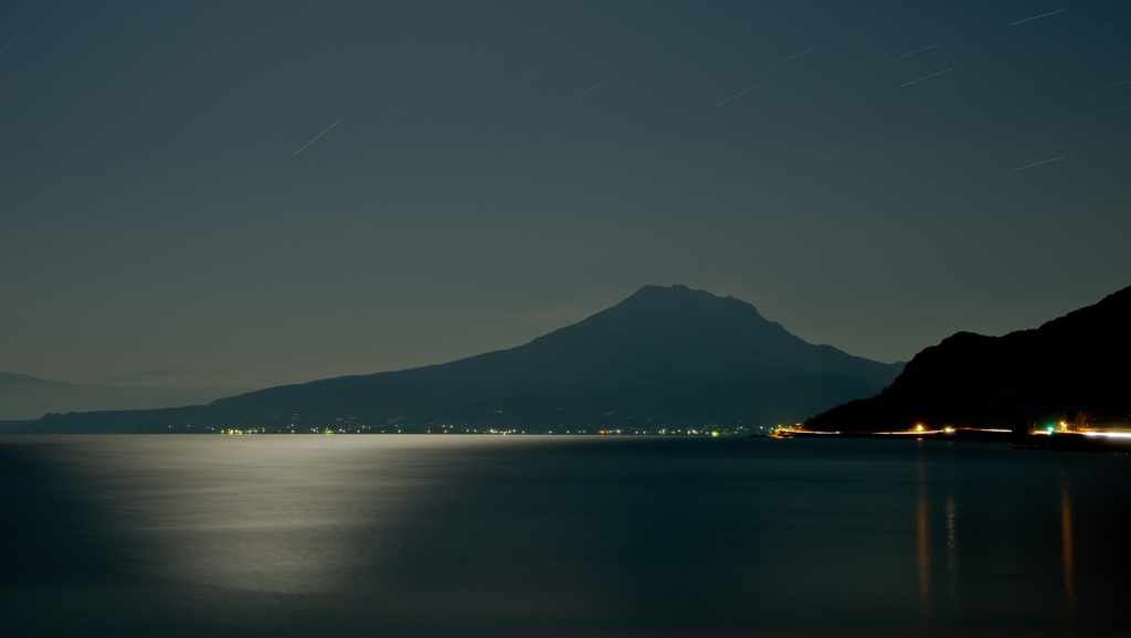 月夜に輝く鹿児島湾と桜島