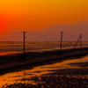 長田部海床路と雲仙の夕日