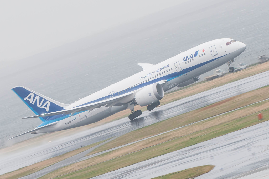ANA　B787　雨中離陸