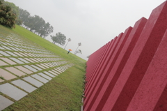 red pillars and umbrella