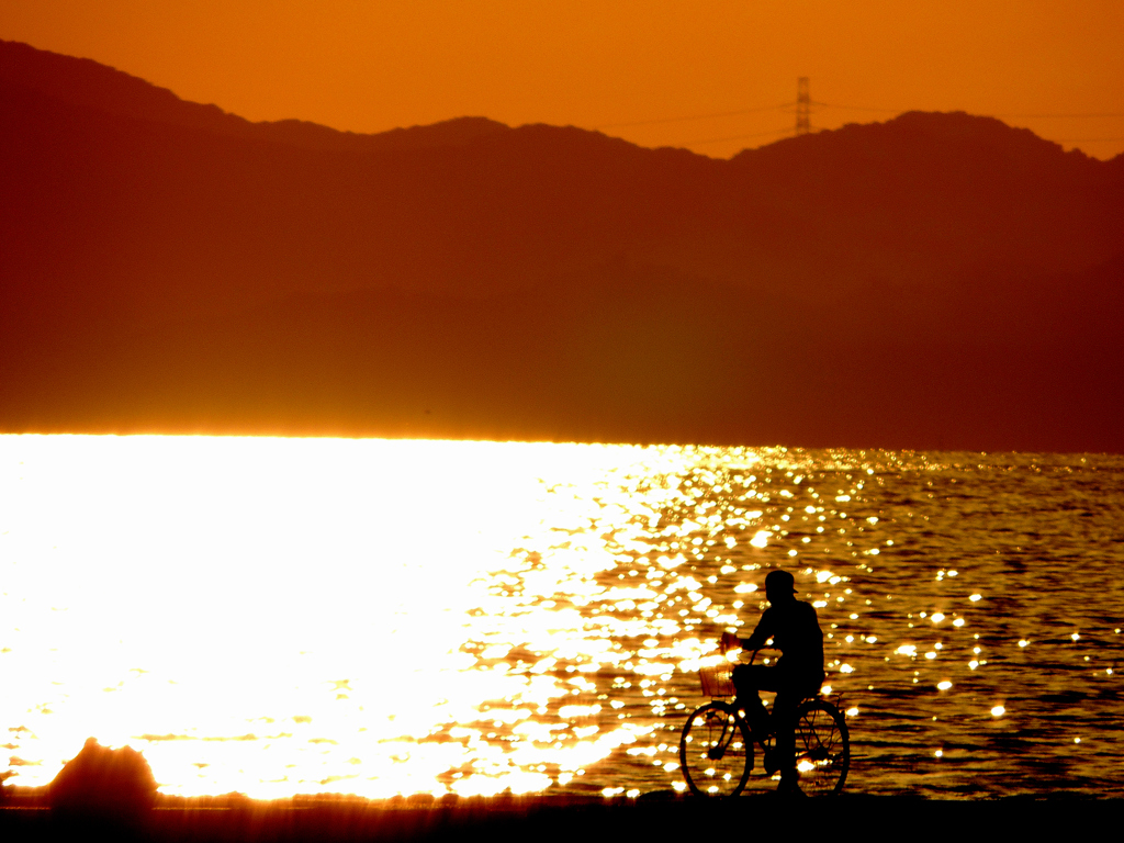 夕暮れの海を走る自転車