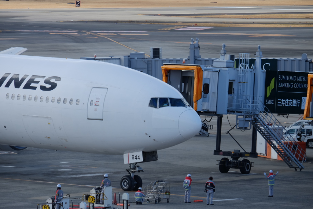 誘導スタッフとパイロットの絶妙な間合い。