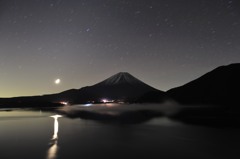 月夜の輝く薄氷の湖。