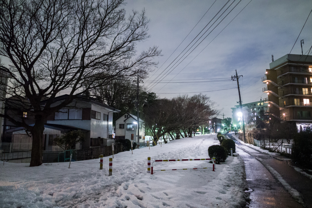 降雪後の坂道で