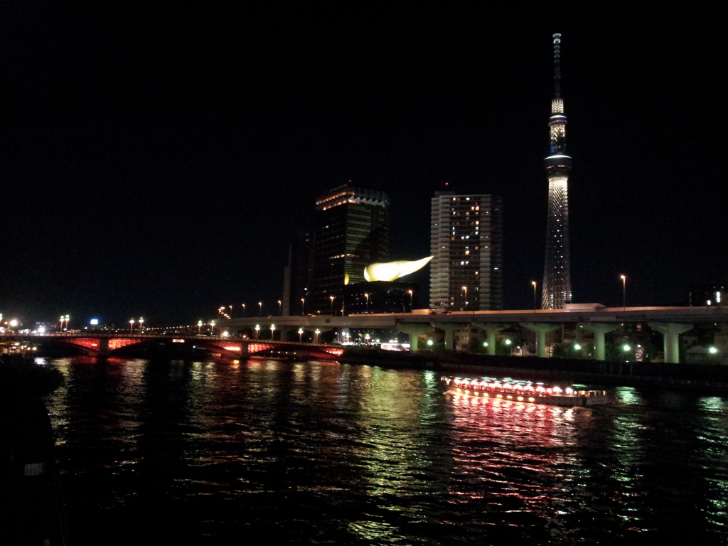 2015/10/08_夜の隅田川とスカイツリー、スーパードライホールに屋形船