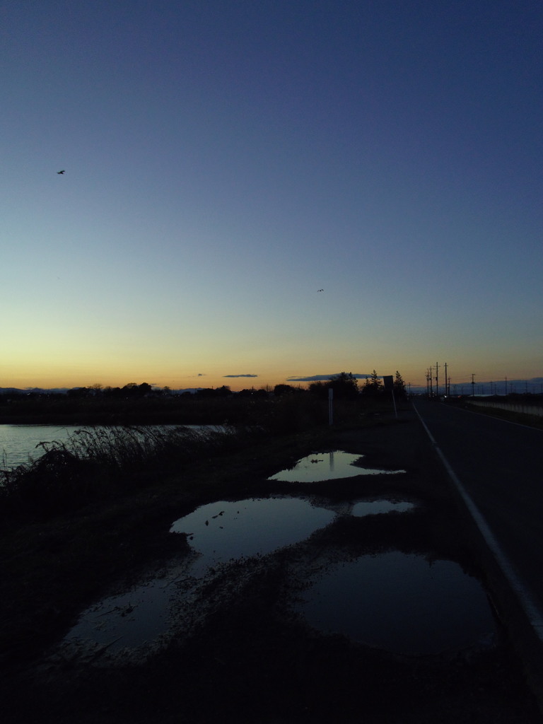 2016/12/24_水溜まりと溜め池の夕暮れ