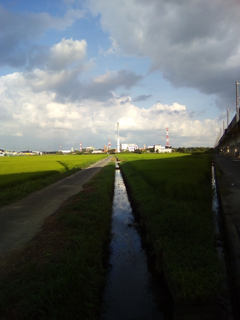 2018/07/29_用水路に雲と桶川市環境センターの煙突