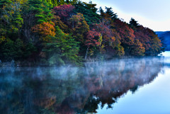 朝霧煙る紅葉の池