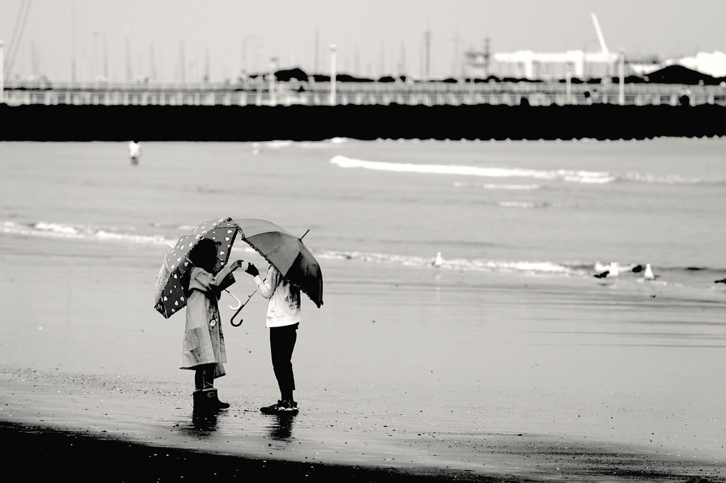 雨の浜辺