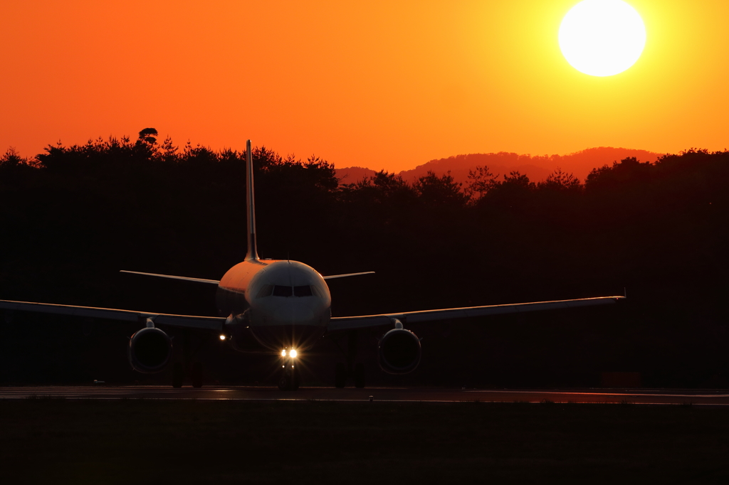 夕日は地に沈み、飛行機は空へ立つ