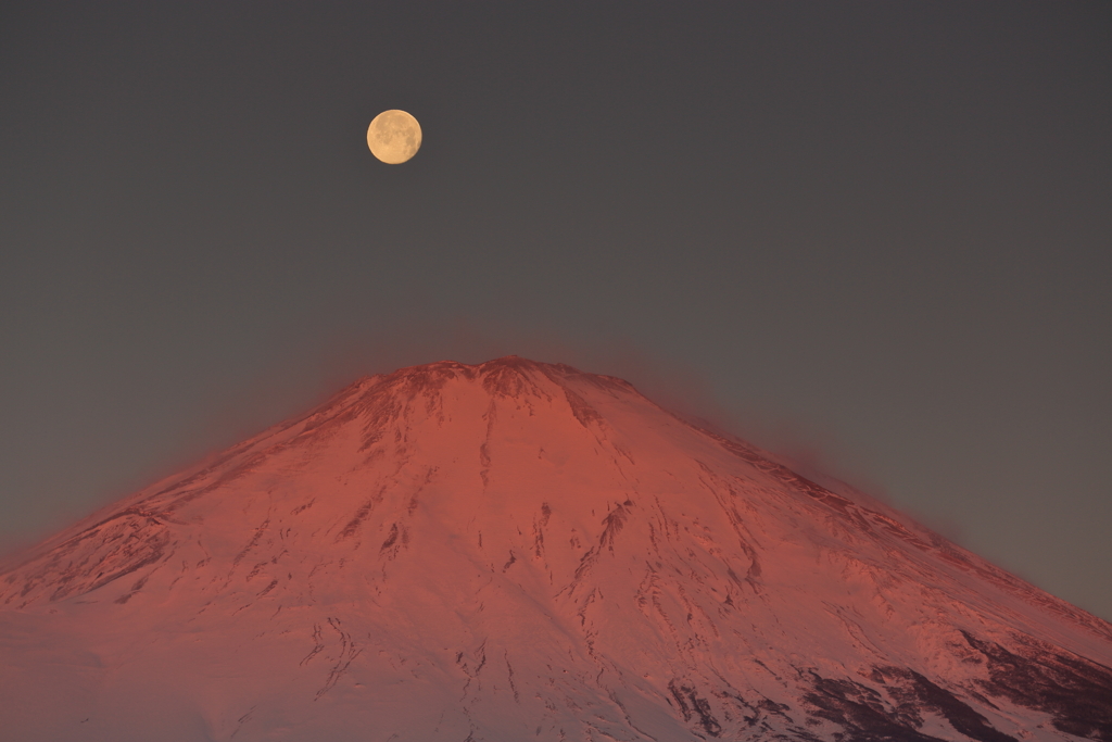 十六夜の月と紅富士