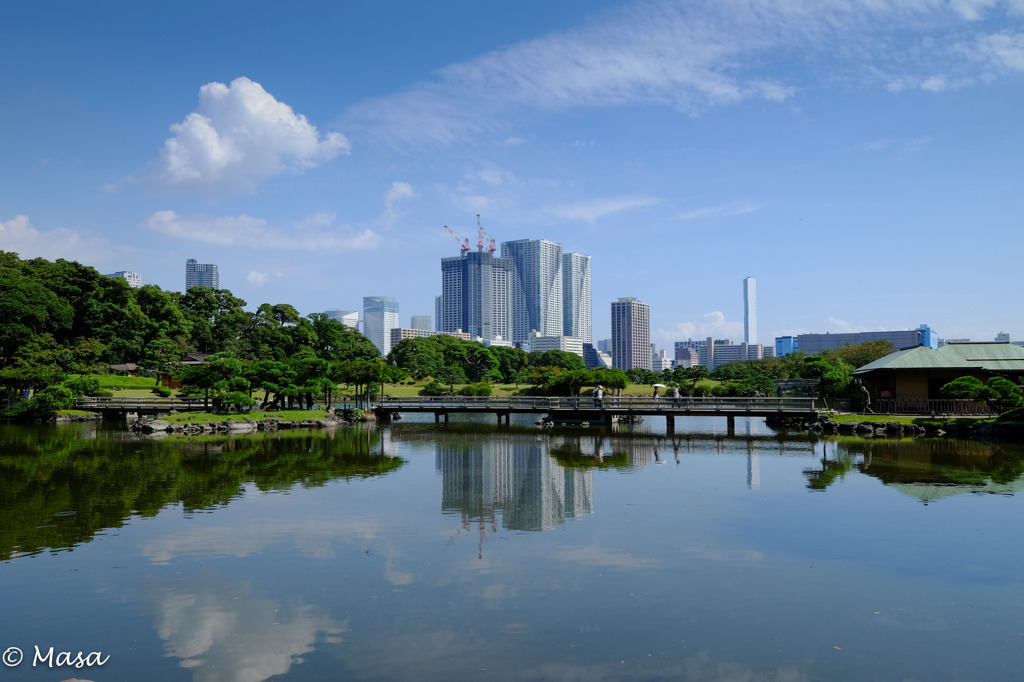浜離宮恩賜庭園潮入の池越しに月島のビルを眺める
