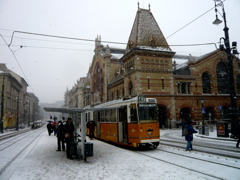 トラムと中央市場　雪景色　Budapest