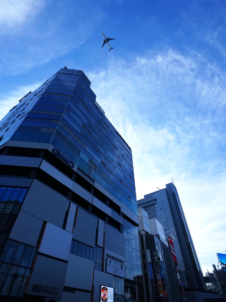 高層ビルと飛行機