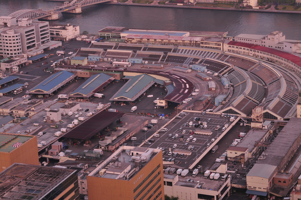 夕暮れの築地市場（カレッタ汐留より）