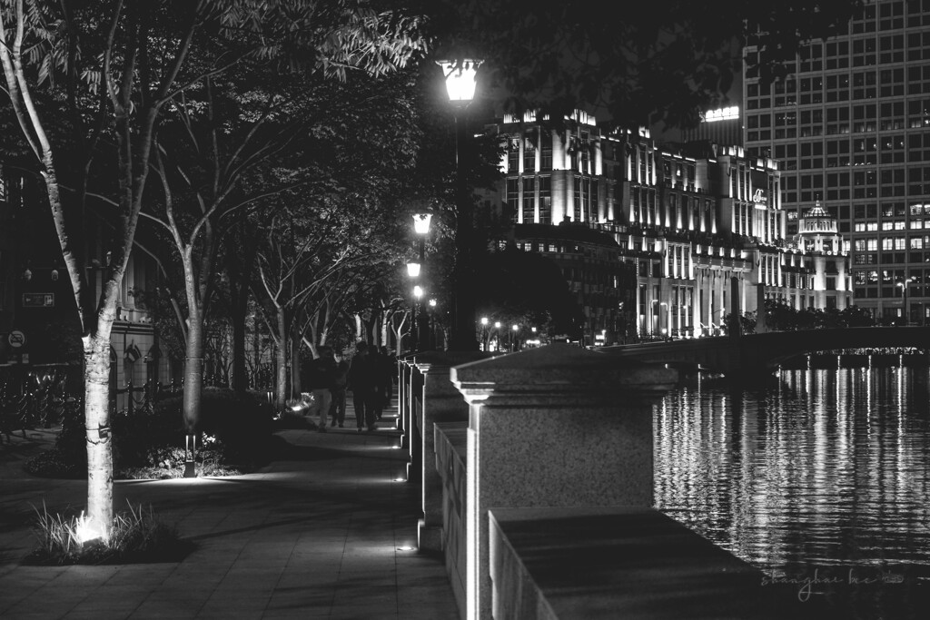 monochrome riverside walkway
