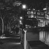 monochrome riverside walkway