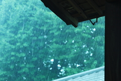 驟雨が・・・　本堂の軒下