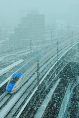 新幹線　雪幕に消えゆく